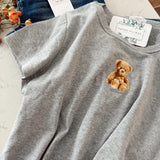 Gray Teddy Bear Embroidered Round Neck Baby Tee