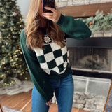 Hunter Green Botanical Check Crochet Sweater