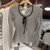 Black/White Striped Round Neck Front Tie Long Sleeve IN STORE