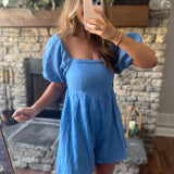 Azure Square Neck Puff Sleeve Babydoll Romper