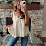 Oatmilk High Hopes V Neck Ribbing & Lace Tank