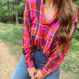 Erin Fuchsia Plaid Mix Collared Top