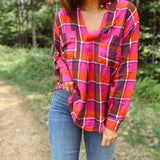 Erin Fuchsia Plaid Mix Collared Top