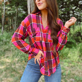 Erin Fuchsia Plaid Mix Collared Top