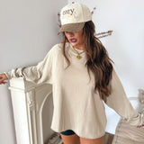 BIRDIE Ash Wash Raw Hem Cozy Pullover in Oatmilk