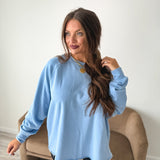 BIRDIE Ash Wash Raw Hem Cozy Pullover in Ice Blue