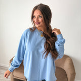 BIRDIE Ash Wash Raw Hem Cozy Pullover in Ice Blue