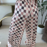 BIRDIE Flowy Wide-Leg Pants in Mulled Berry Checkered