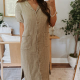 Simple Bliss Olive Mineral Wash Shirt-Dress Midi