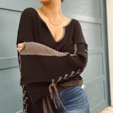 Free Soul Black Lace Up Sleeve Top