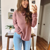 Backin It Up Grape Cutout Cowl Neck Pullover