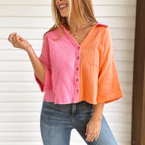 Too Fine Bubblegum Colorblock Crop Button-up