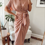 Come With Me Dusty Mauve Button Tie Midi