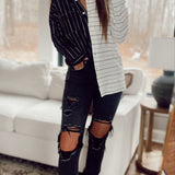 Switching Sides White/ Black Stripe Colorblock Button-up